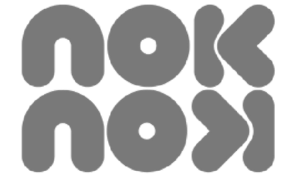 Gray 'nok nos' logo on a white background